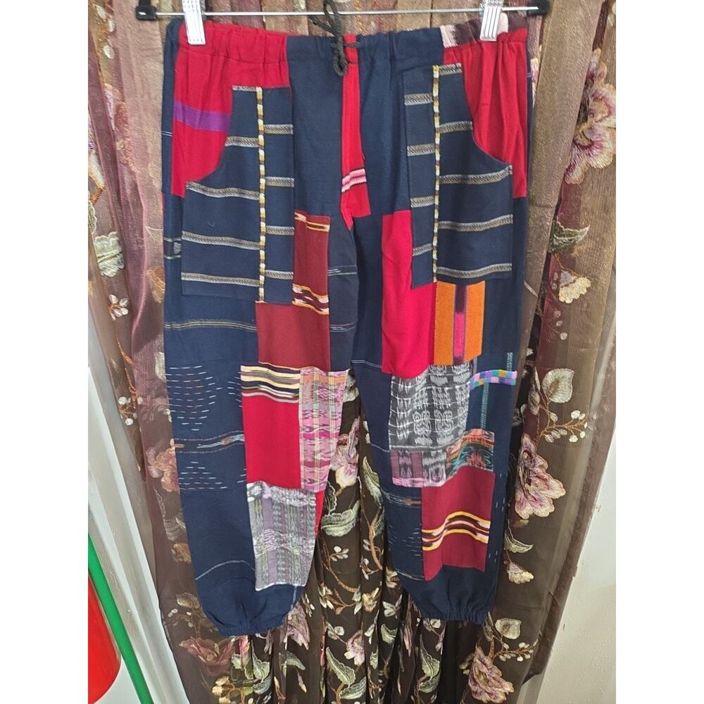 Womens Patchwork Boho Pants Joggers Medium Tie String - Picture 4 of 13